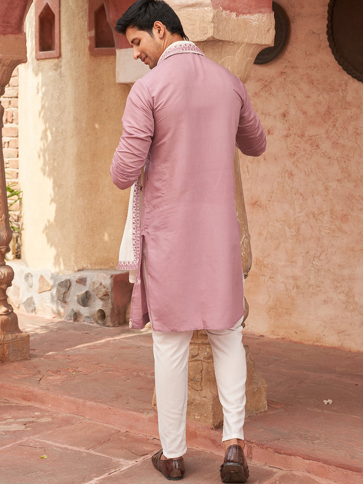 Embroidered Silk Blend Kurta Pyjama And Dupatta Set For Men