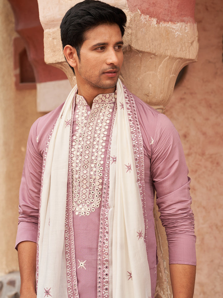 Embroidered Silk Blend Kurta Pyjama And Dupatta Set For Men