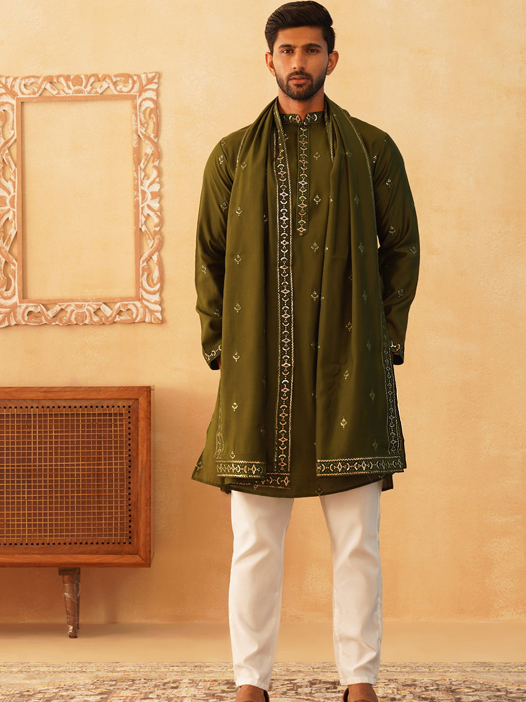 Embroidered &amp; Sequin Kurta Pyjama With Dupatta