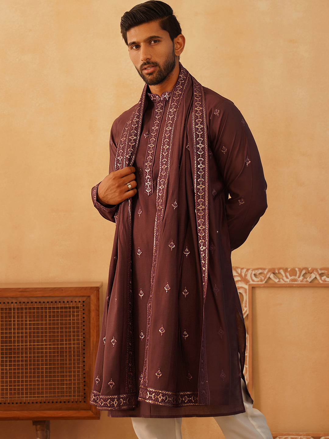 Embroidered &amp; Sequin Kurta Pyjama With Dupatta
