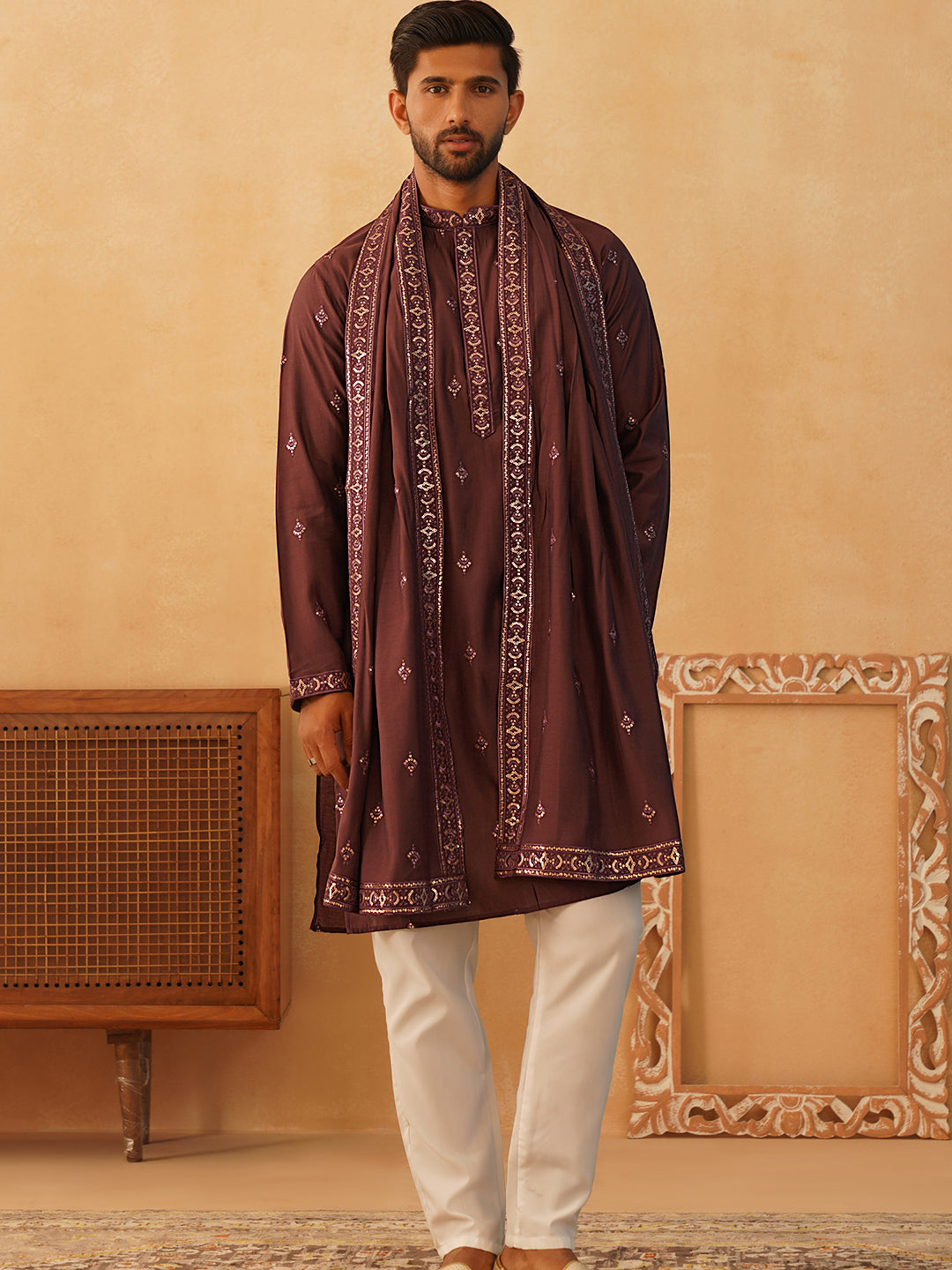 Embroidered &amp; Sequin Kurta Pyjama With Dupatta