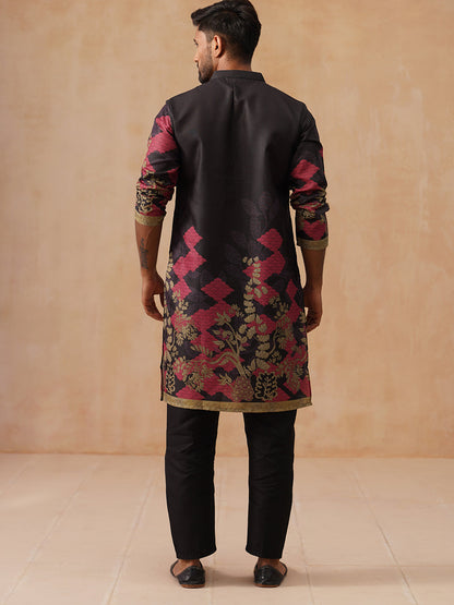 Floral Printed Black Cotton Blend Kurta Set With Dupatta