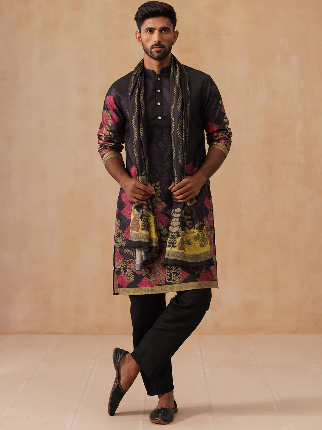 Floral Printed Black Cotton Blend Kurta Set With Dupatta