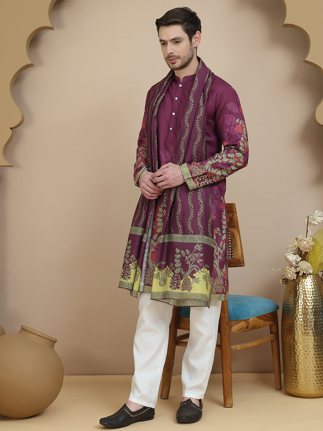 Floral Printed Purple Cotton Blend Kurta Set With Dupatta