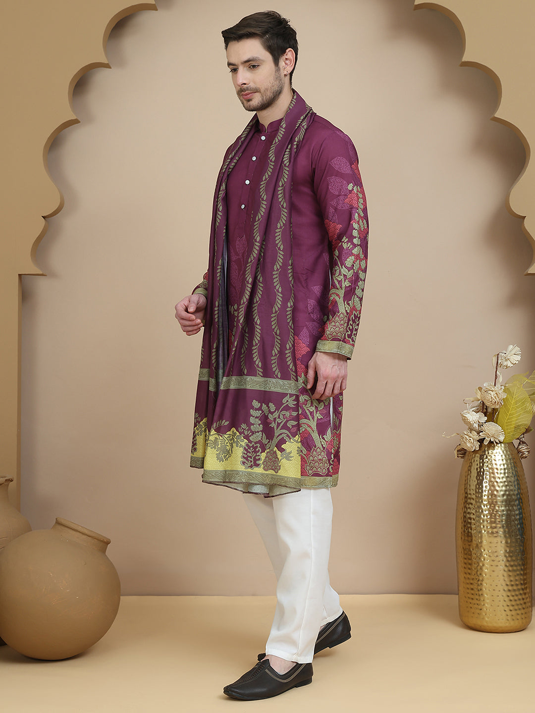 Floral Printed Purple Cotton Blend Kurta Set With Dupatta