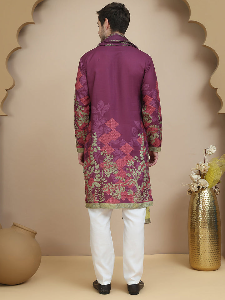 Floral Printed Purple Cotton Blend Kurta Set With Dupatta