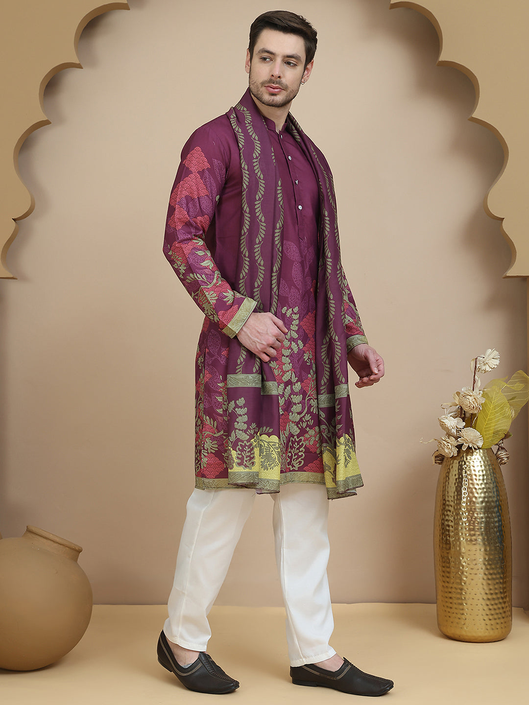 Floral Printed Purple Cotton Blend Kurta Set With Dupatta