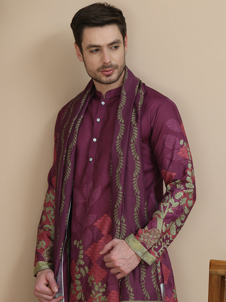 Floral Printed Purple Cotton Blend Kurta Set With Dupatta