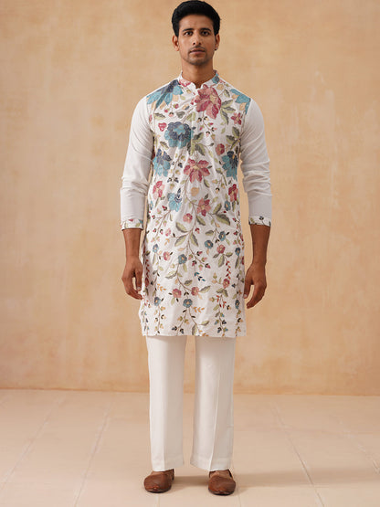 White Embroidered Kurta Set With Sequins & Zari Work