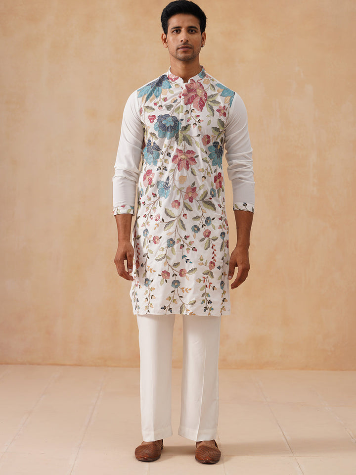 White Embroidered Kurta Set With Sequins &amp; Zari Work