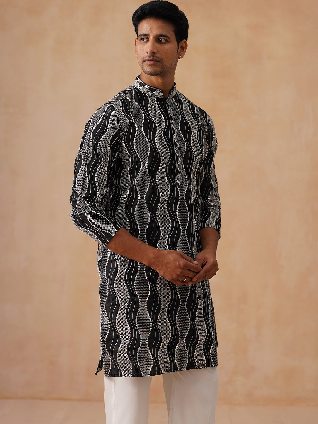 Silk Blend Kurta Pyjama Set With Mirror Work Embroidery