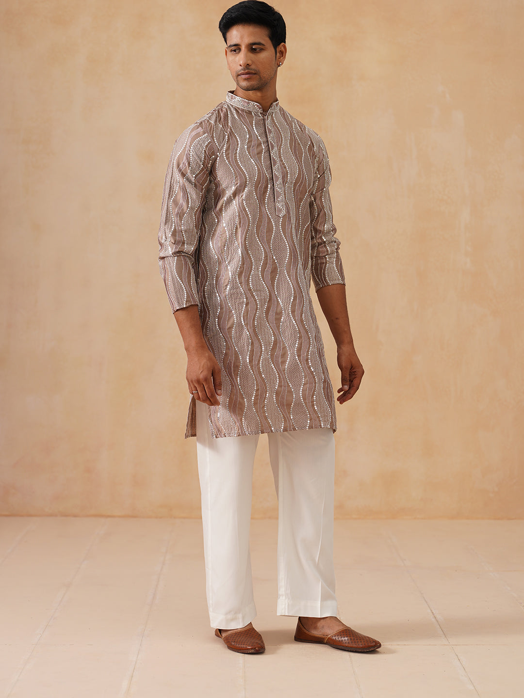 Silk Blend Kurta Pyjama Set With Mirror Work Embroidery