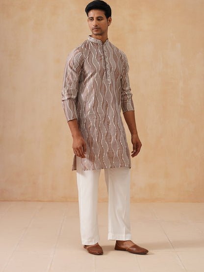 Silk Blend Kurta Pyjama Set With Mirror Work Embroidery