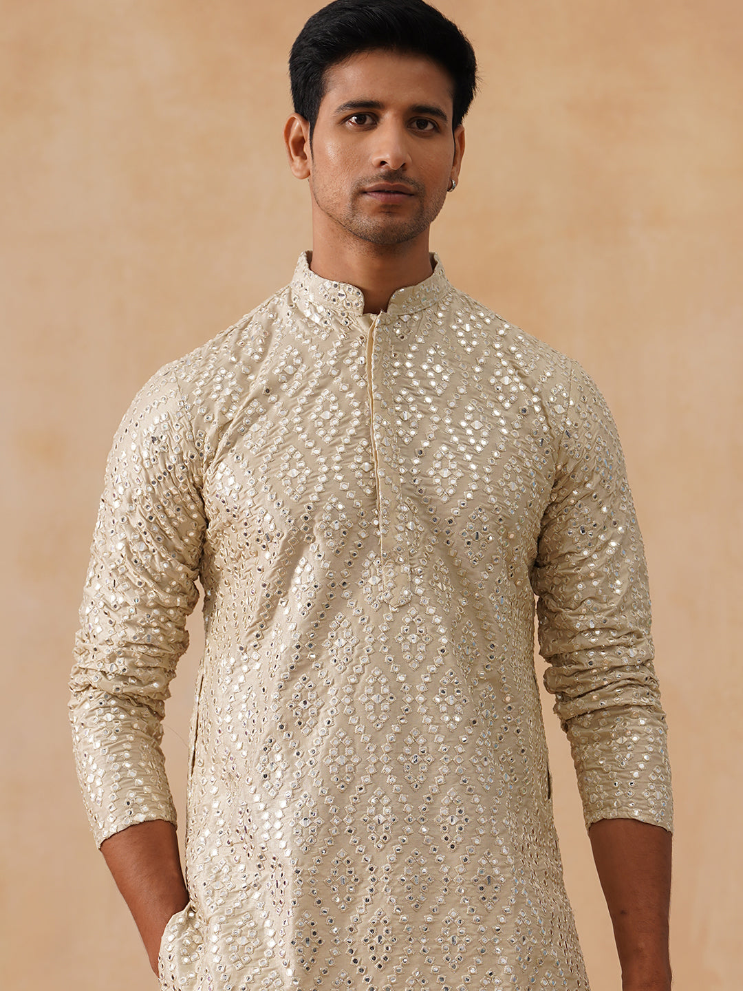 Traditional Mirror Embroidered Kurta Set For Men