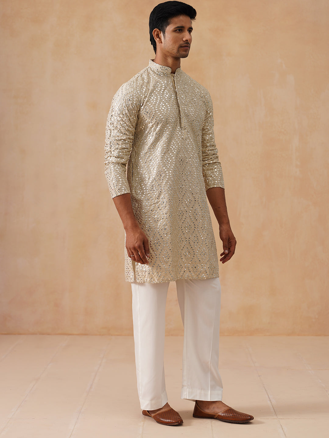 Traditional Mirror Embroidered Kurta Set For Men