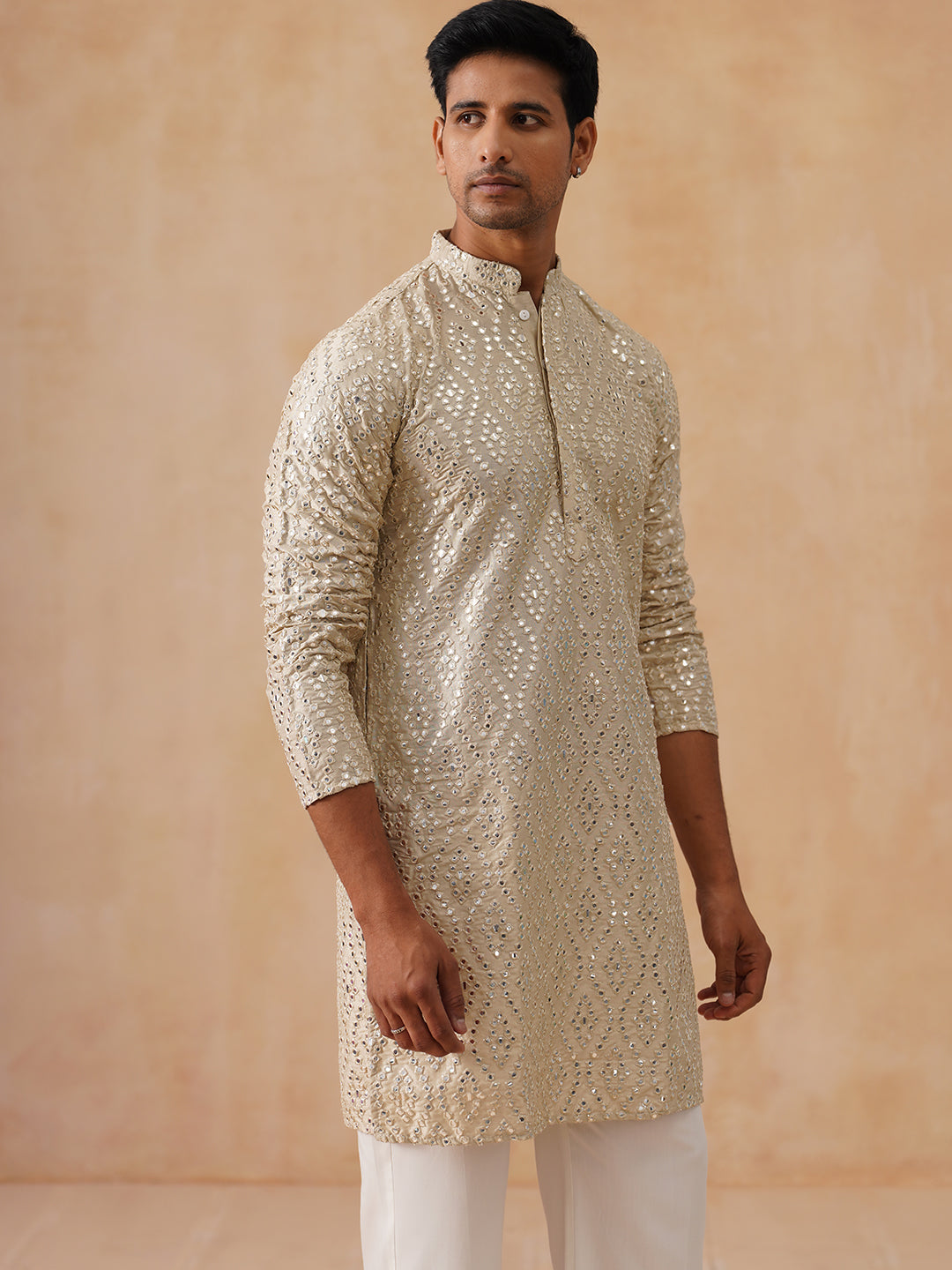Traditional Mirror Embroidered Kurta Set For Men