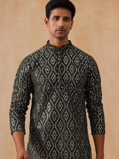 Traditional Mirror Embroidered Kurta Set For Men