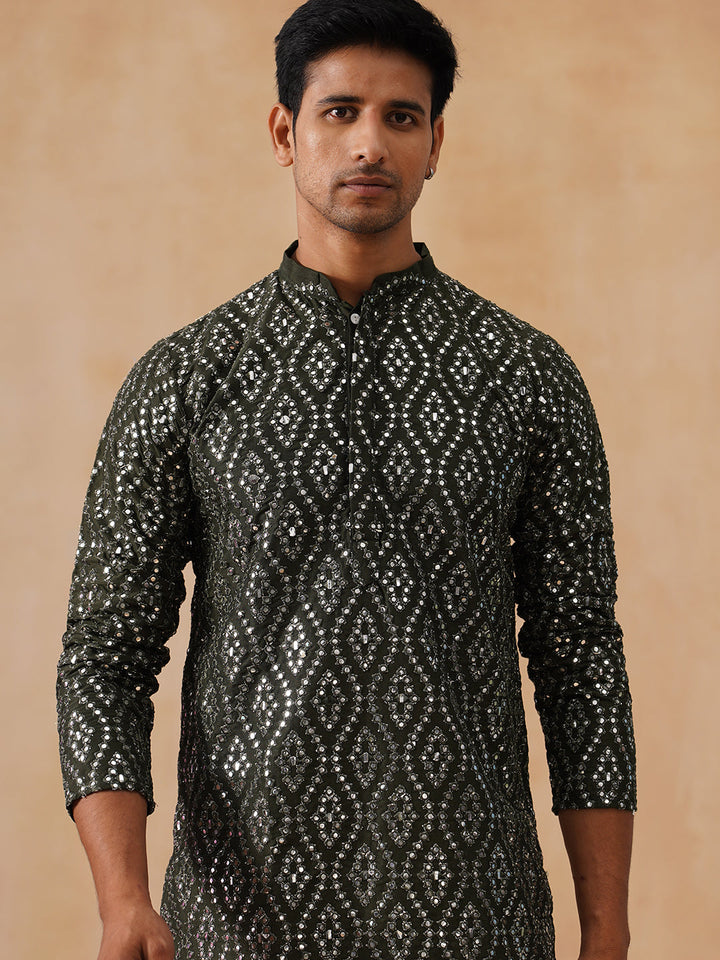 Traditional Mirror Embroidered Kurta Set For Men