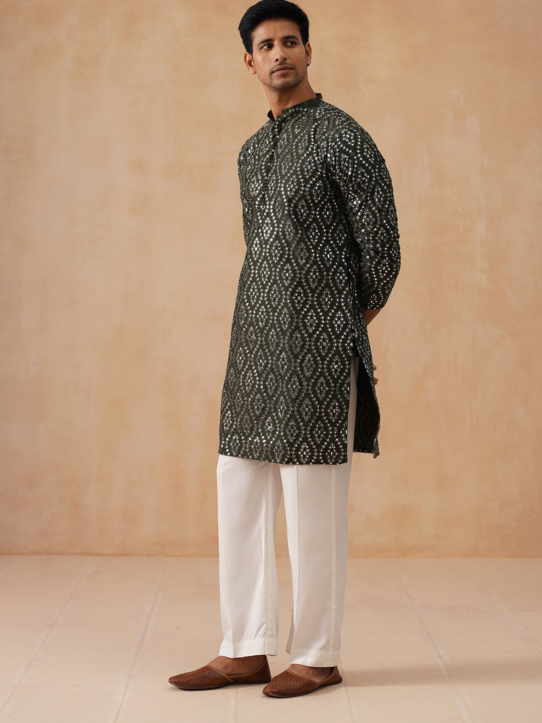 Traditional Mirror Embroidered Kurta Set For Men