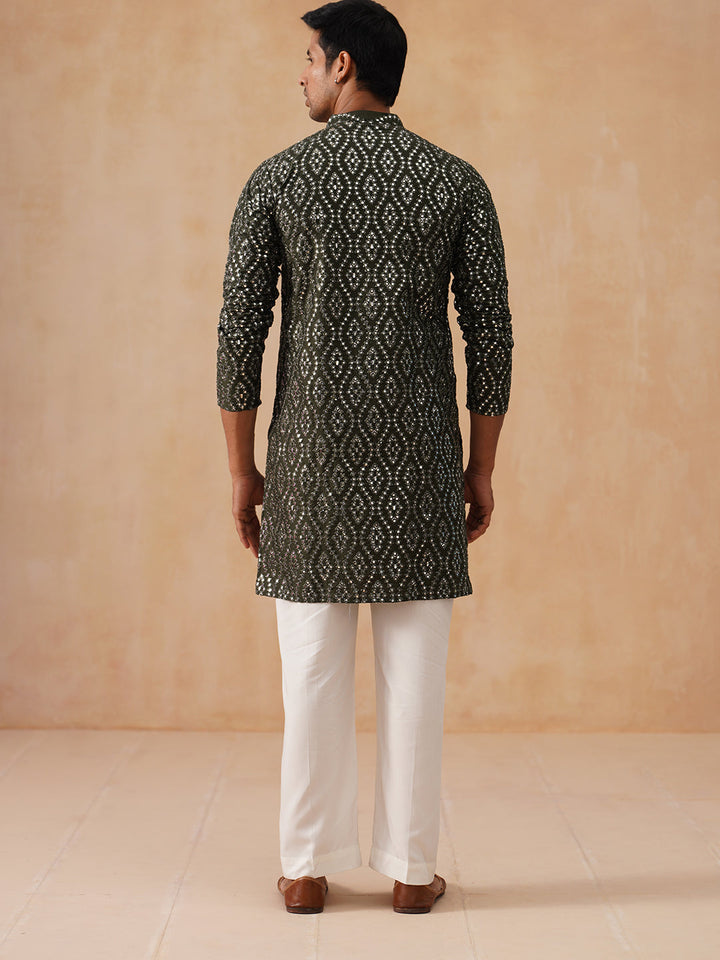 Traditional Mirror Embroidered Kurta Set For Men