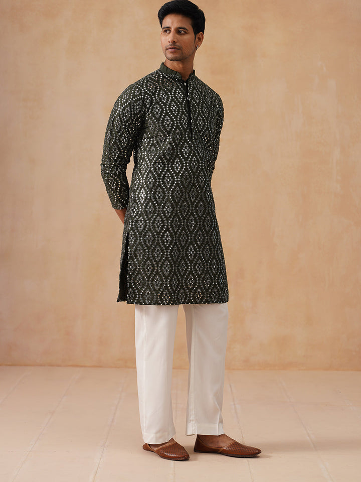 Traditional Mirror Embroidered Kurta Set For Men