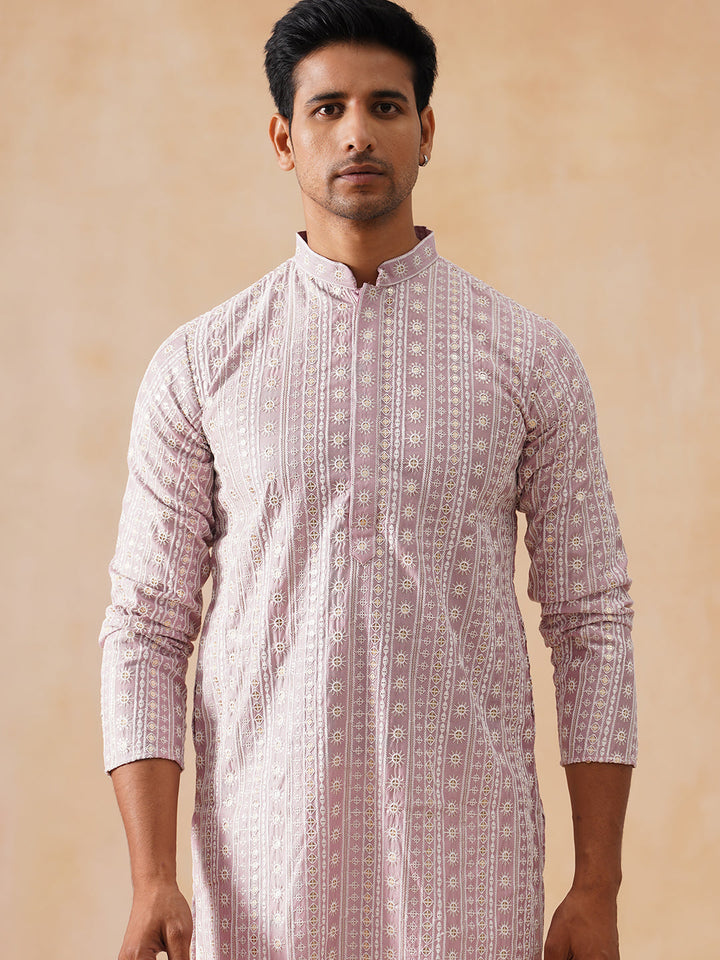 Pink Kurta Set With White Thread Embroidery