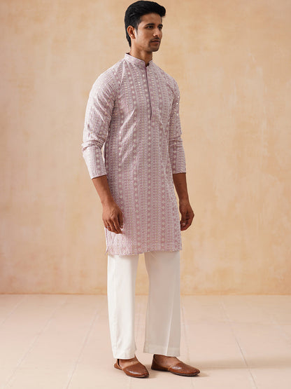 Pink Kurta Set With White Thread Embroidery