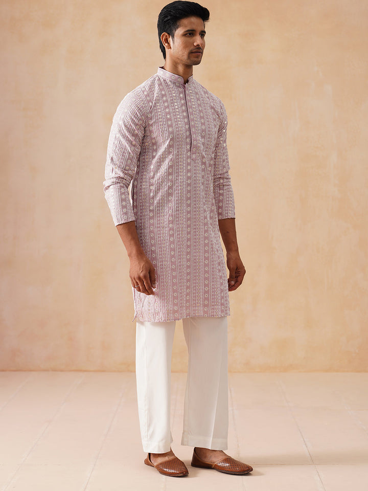 Pink Kurta Set With White Thread Embroidery