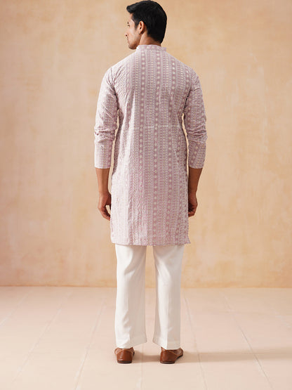Pink Kurta Set With White Thread Embroidery