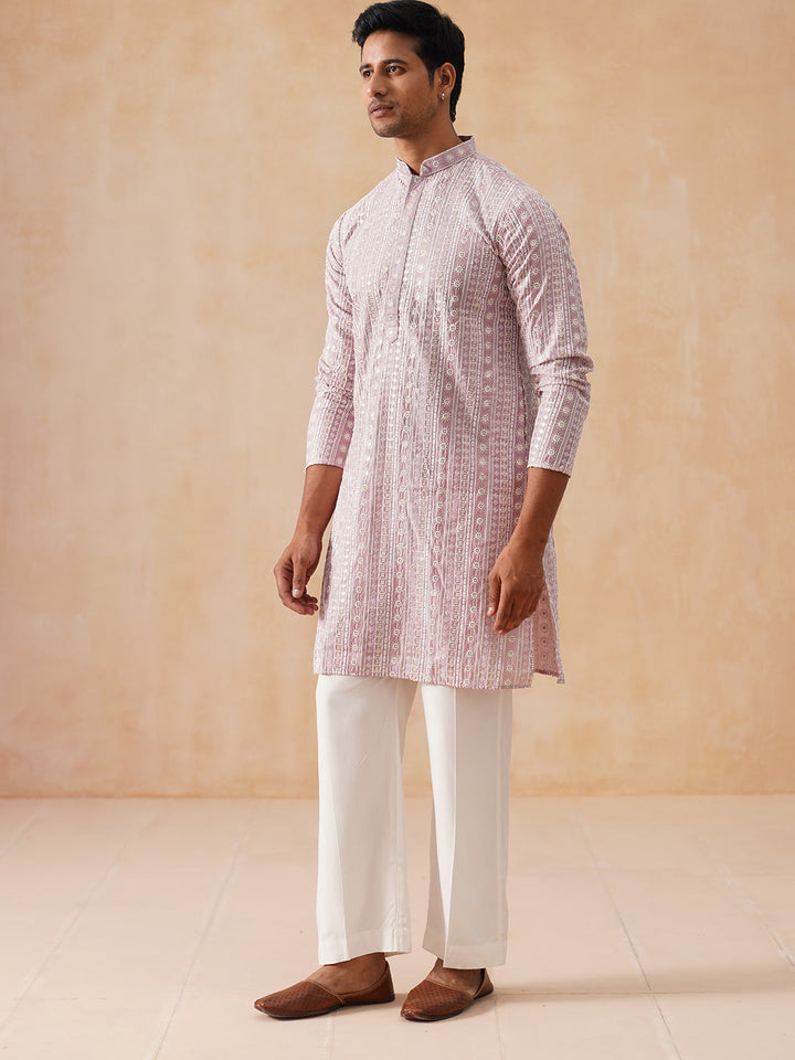 Pink Kurta Set With White Thread Embroidery