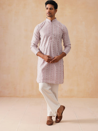 Pink Kurta Set With White Thread Embroidery