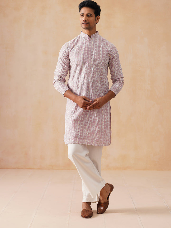 Pink Kurta Set With White Thread Embroidery
