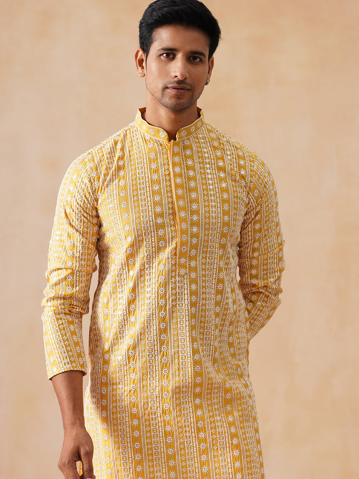 Sunshine Mustard Kurta Set With White Thread Embroidery