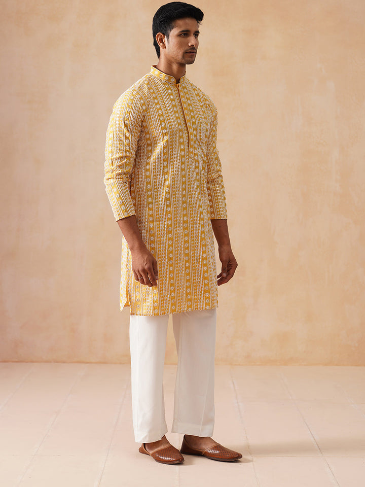 Sunshine Mustard Kurta Set With White Thread Embroidery