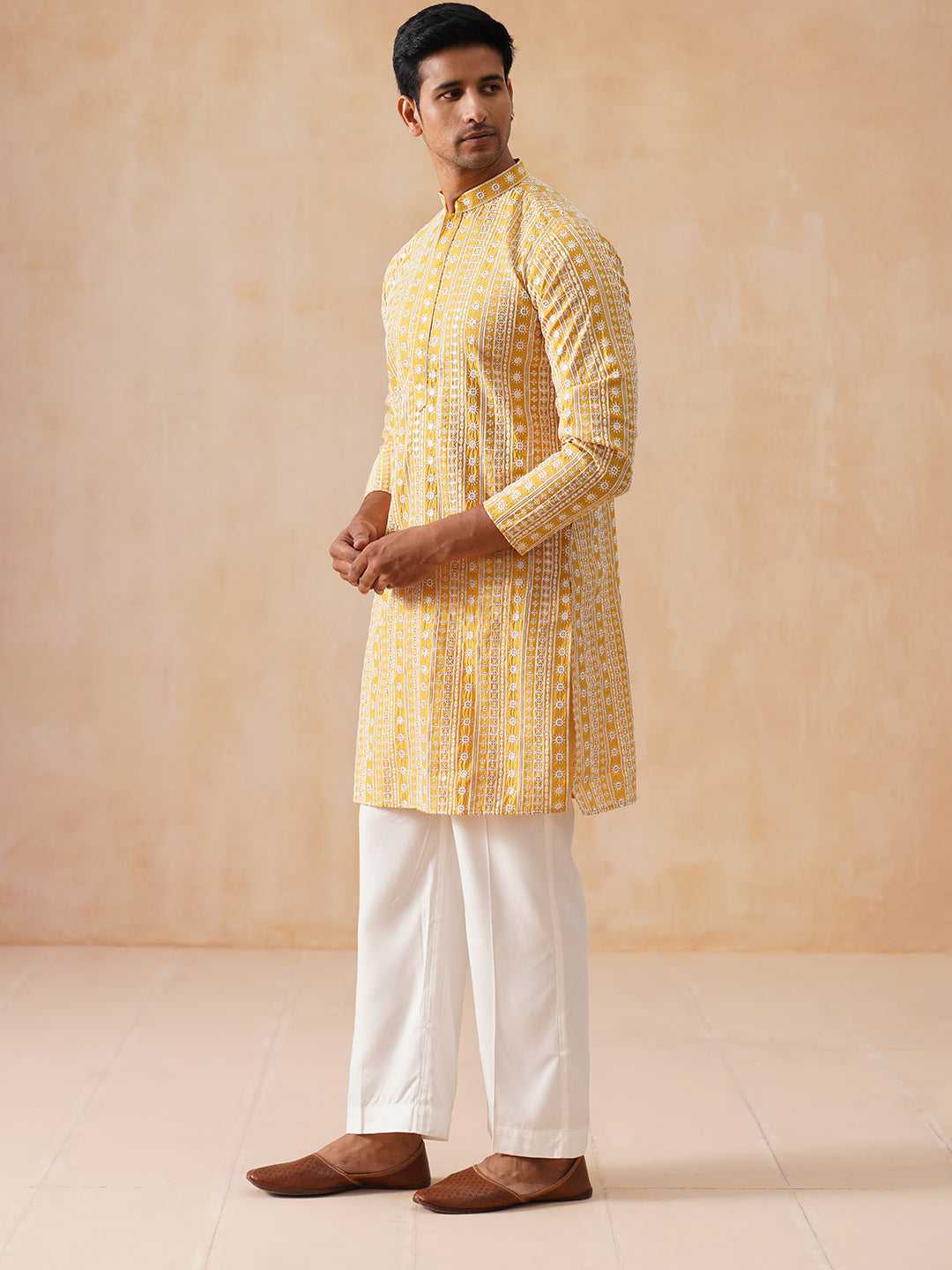 Sunshine Mustard Kurta Set With White Thread Embroidery