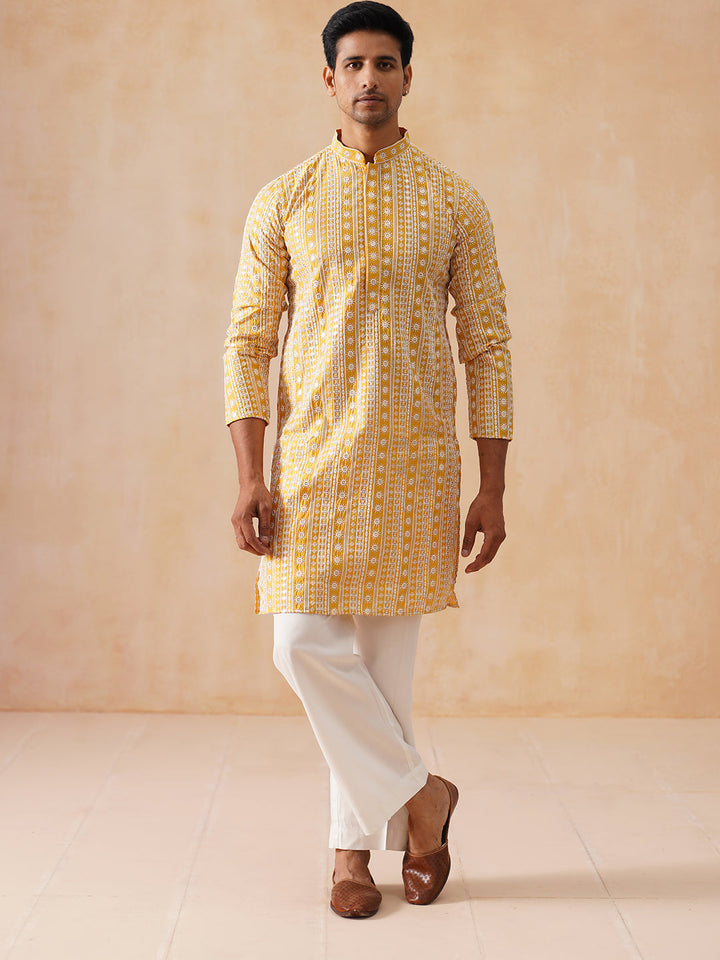 Sunshine Mustard Kurta Set With White Thread Embroidery