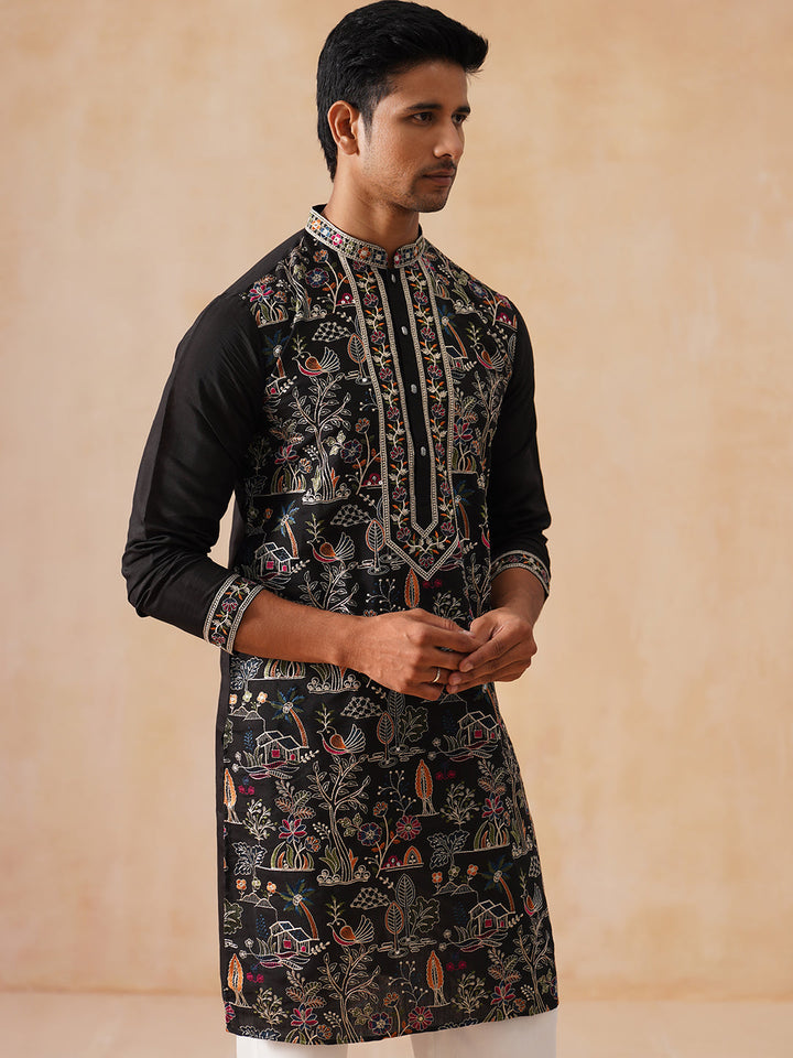 Silk Blend Kurta Set With Embroidery