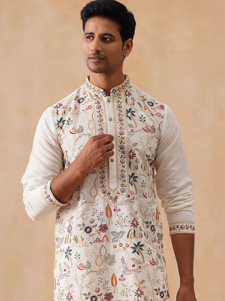 Silk Blend Kurta Set With Embroidery