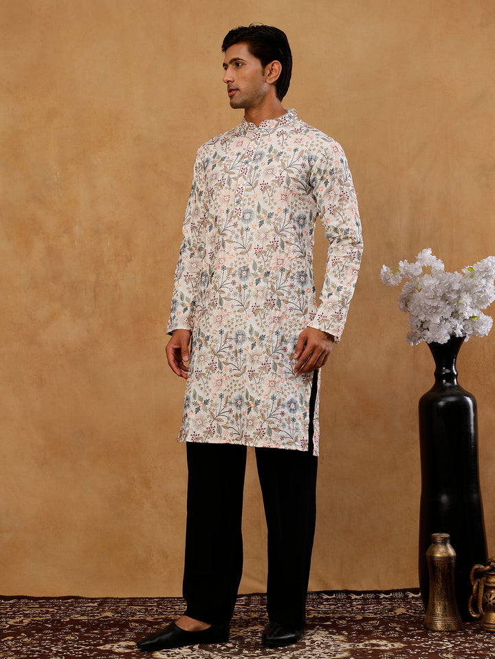 Silk Blend Floral Embroidered Kurta With Korean Pants