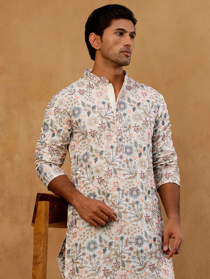 Silk Blend Floral Embroidered Kurta With Korean Pants