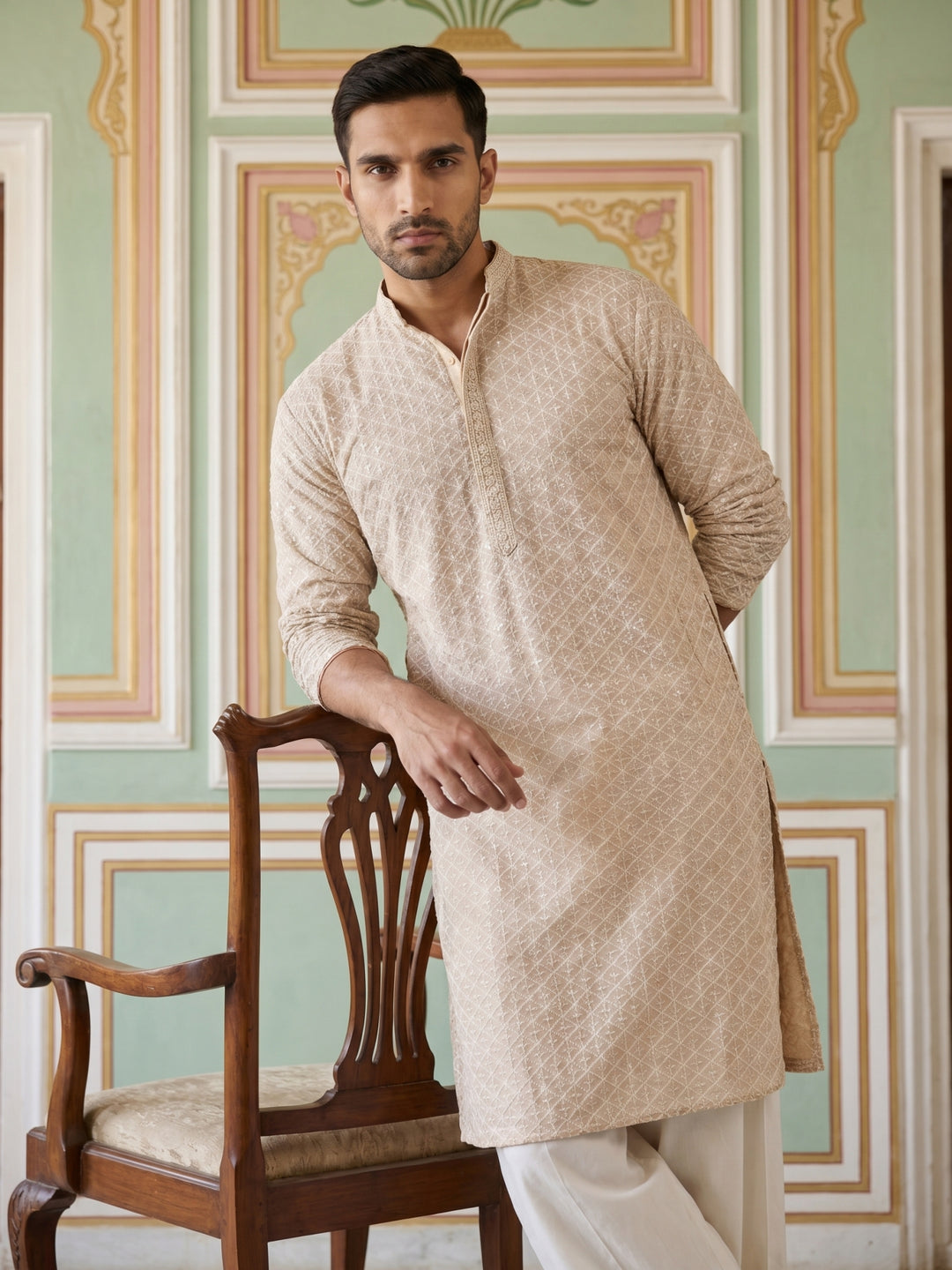 Sequin Embroidered Cotton Kurta With Pyjamas