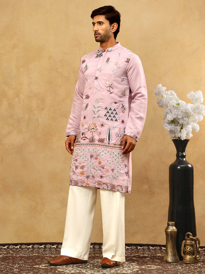 Silk Blend Floral Embroidered Kurta Pyjama Set