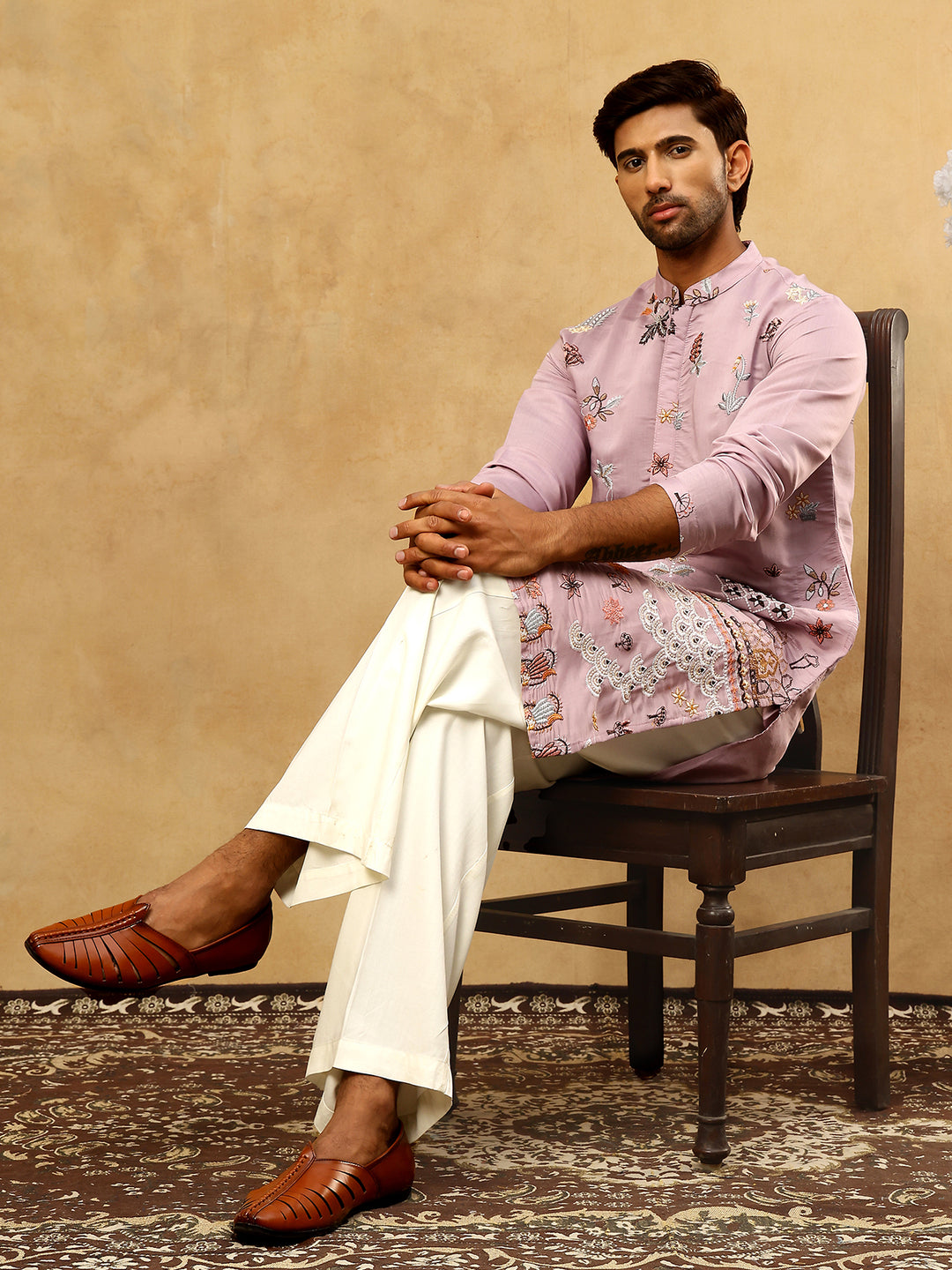 Silk Blend Floral Embroidered Kurta Pyjama Set