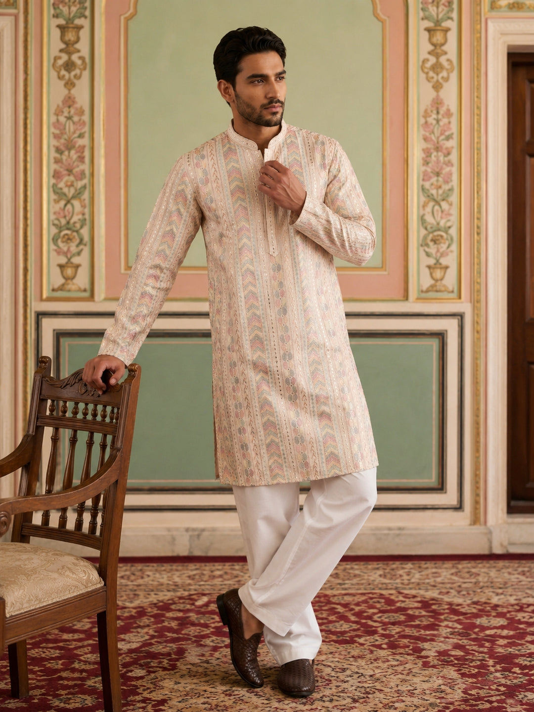 Embroidered And Sequins Kurta Pyjama Set For Men