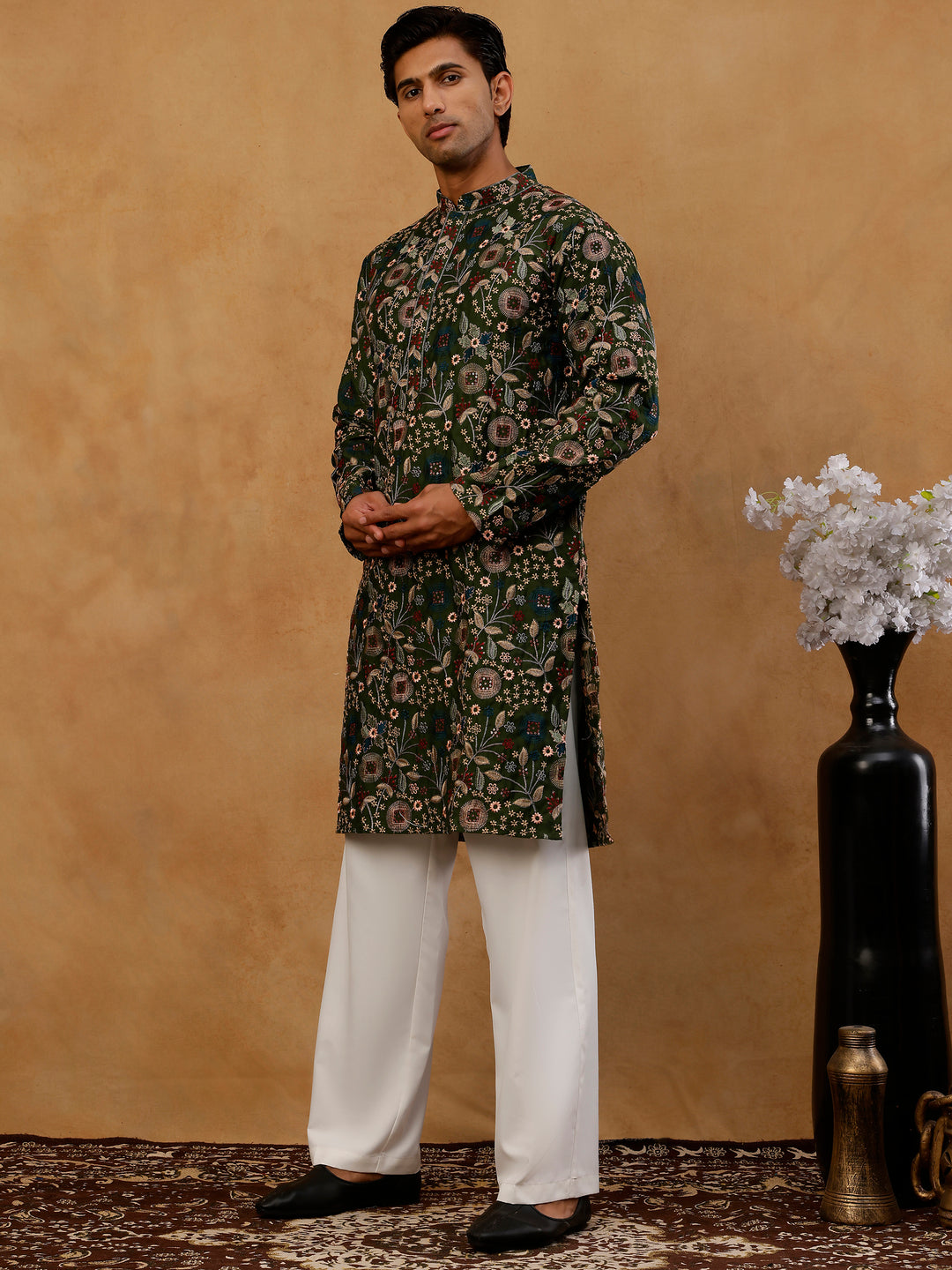 Silk Blend Floral Embroidered Kurta With Korean Pants
