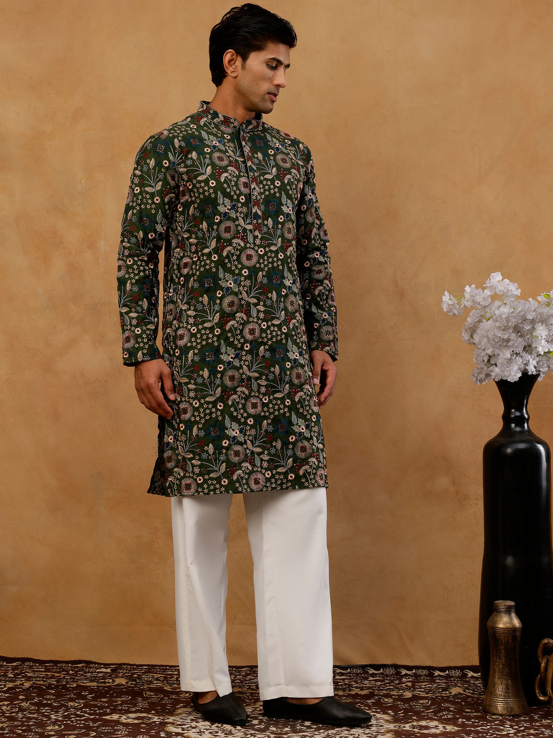 Silk Blend Floral Embroidered Kurta With Korean Pants