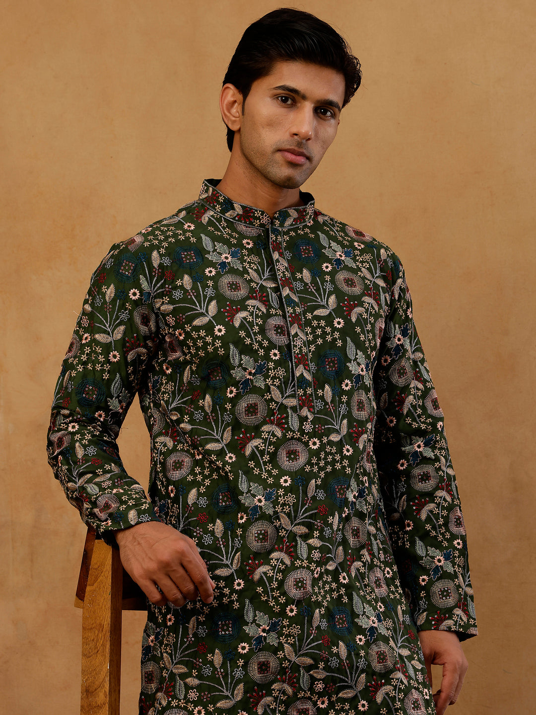 Silk Blend Floral Embroidered Kurta With Korean Pants