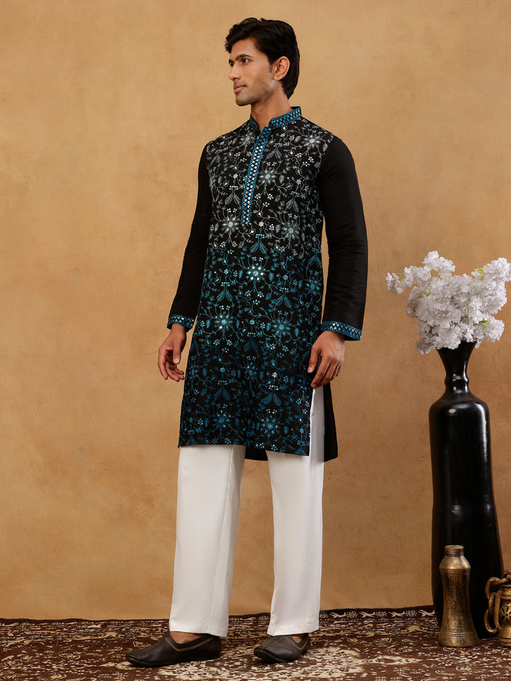 Men’S Silk Blend Embroidered Kurta With Korean Pants