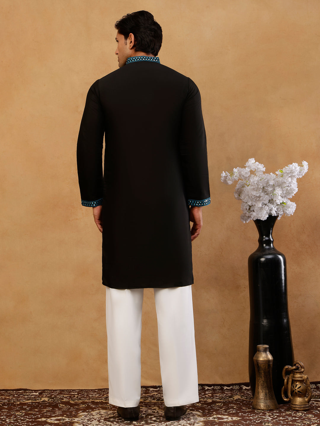 Men’S Silk Blend Embroidered Kurta With Korean Pants