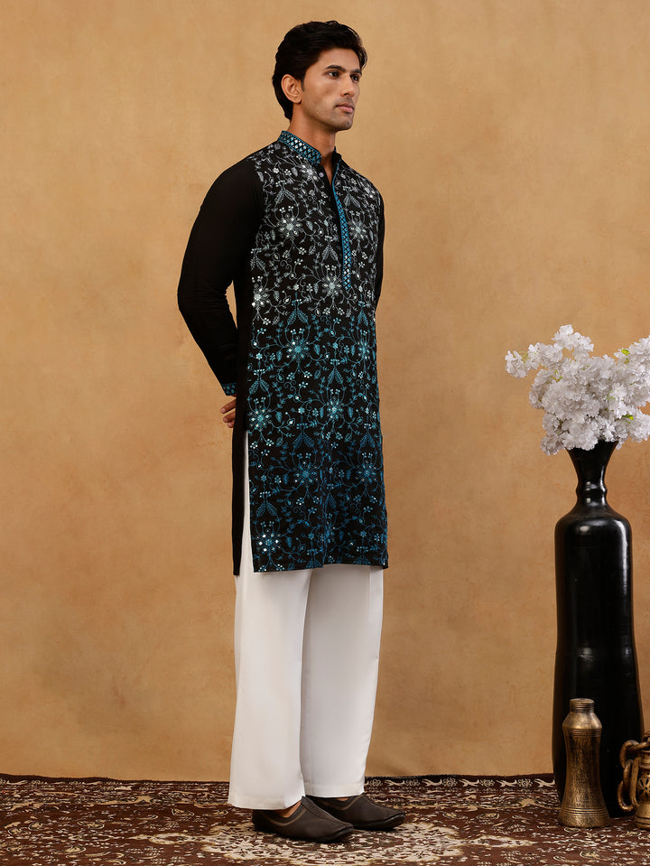 Men’S Silk Blend Embroidered Kurta With Korean Pants